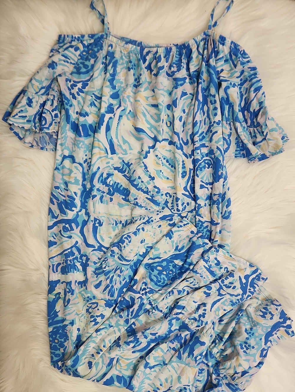 Blue & White Off-Shoulder Floral Dress - Juniors Size 14 - Brand: Lilly Pulitzer